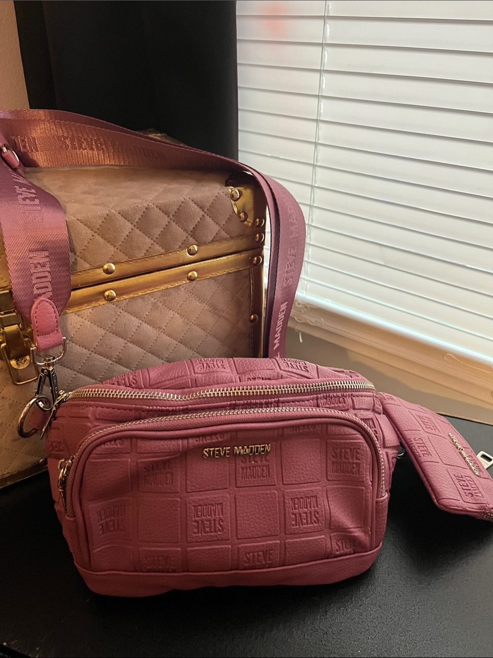 Steve Madden Dusty Rose Quilted Logo Fanny Pack